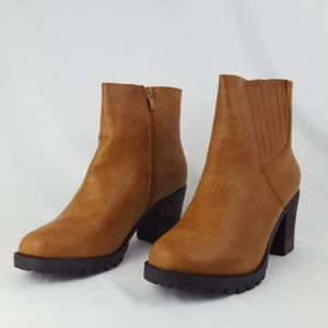 Cognac Chunky Block Heel Ankle Boot Lug Sole 10